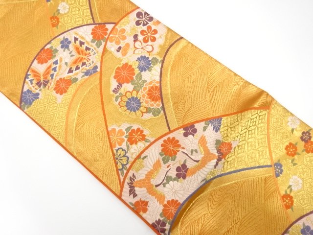 アンティーク　変わり青海波に鶴・蝶・花模様織り出し袋帯（着用可）